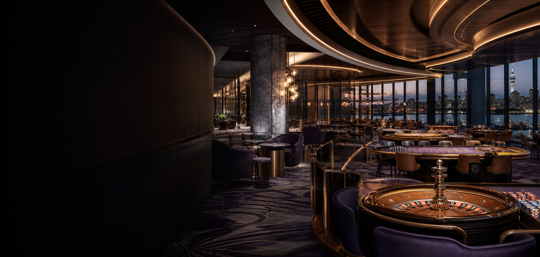 Luxury casino gaming floor overlooking Auckland Harbour