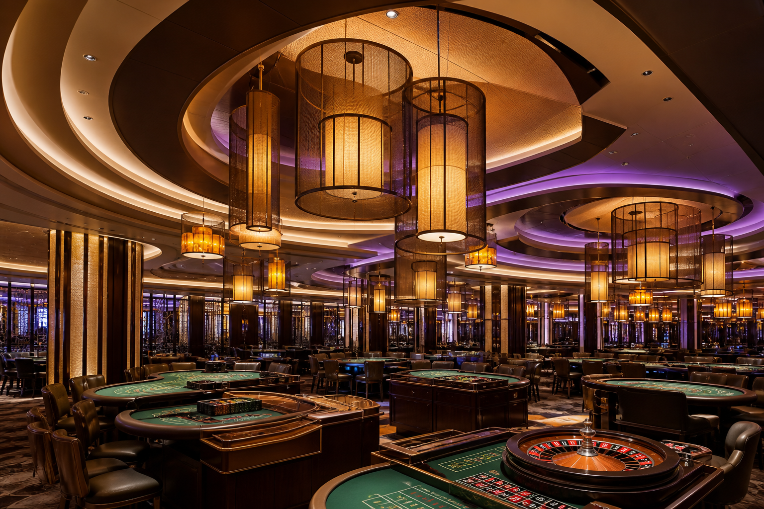 Layered architectural lighting above casino gaming tables